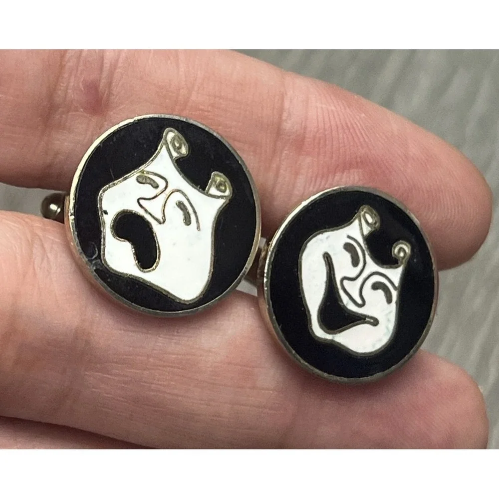 Vintage Theater Comedy Tragedy Masks Cufflinks Gold Enamel Performing Arts